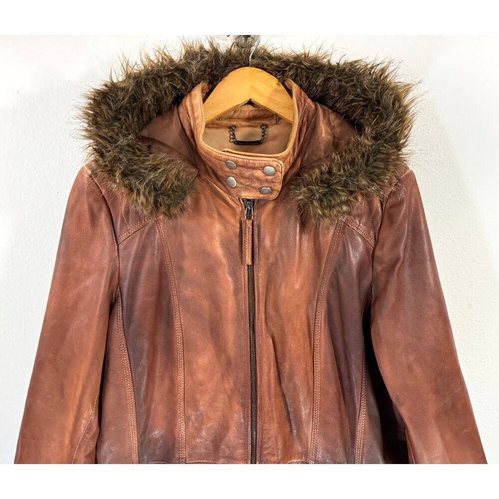 Wilsons Brown Leather Hooded Fur-Trim Jacket Women’s 1X Genuine Leather Coat - Picture 3 of 11